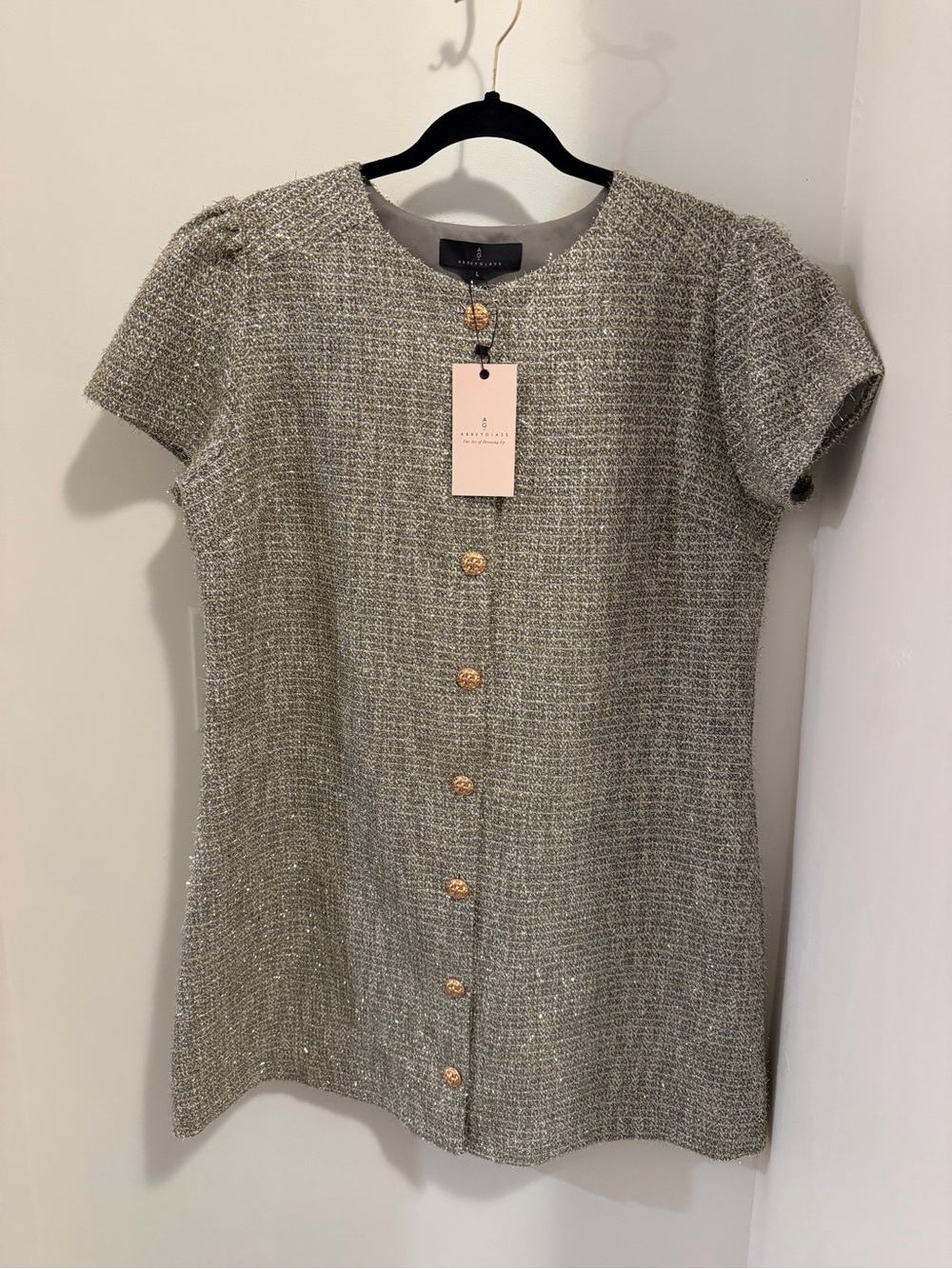 Abbey Glass Silver Tweed Short-Sleeve Dress with Gold Buttons